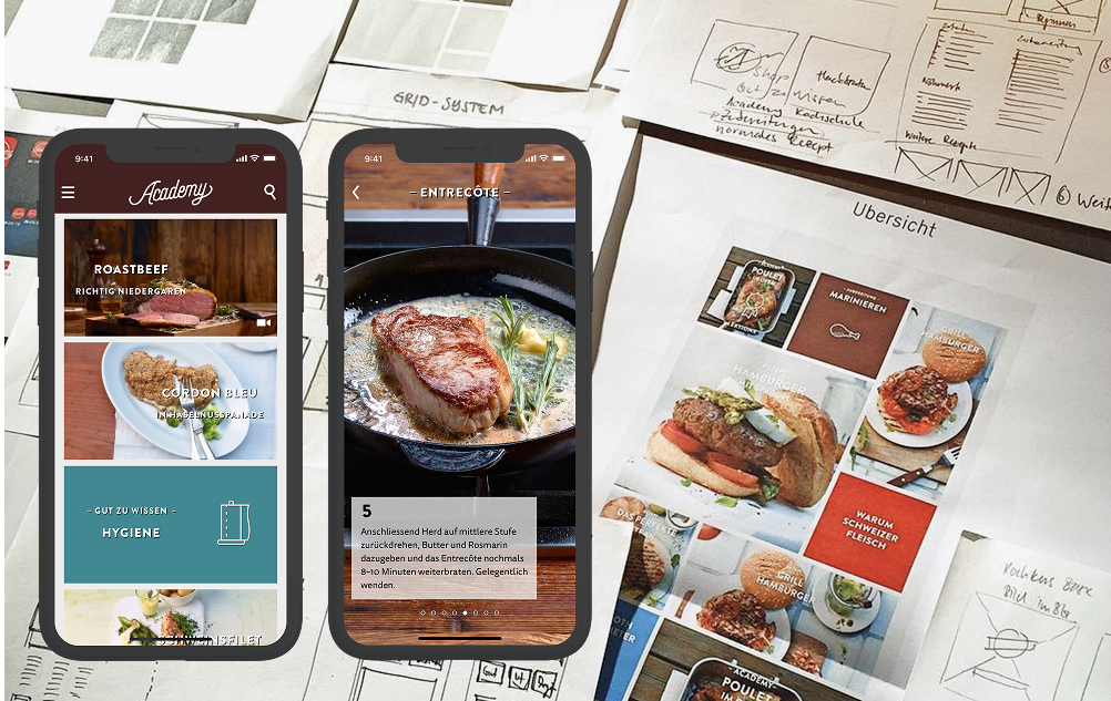Screenshots und Skizzen der Schweizer Fleisch Academy app.