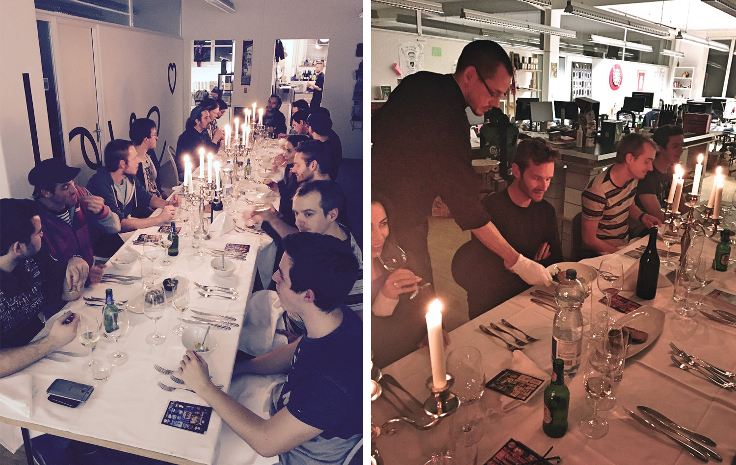 Das Apps with love-Team geniesst sein Jahresendessen im Büro, das in ein Restaurant verwandelt wurde.