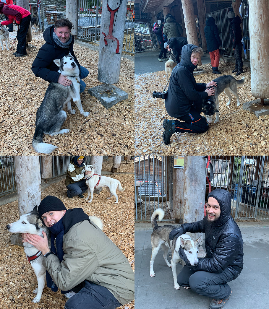 Apps with love Mitarbeitende posieren mit je einem Husky