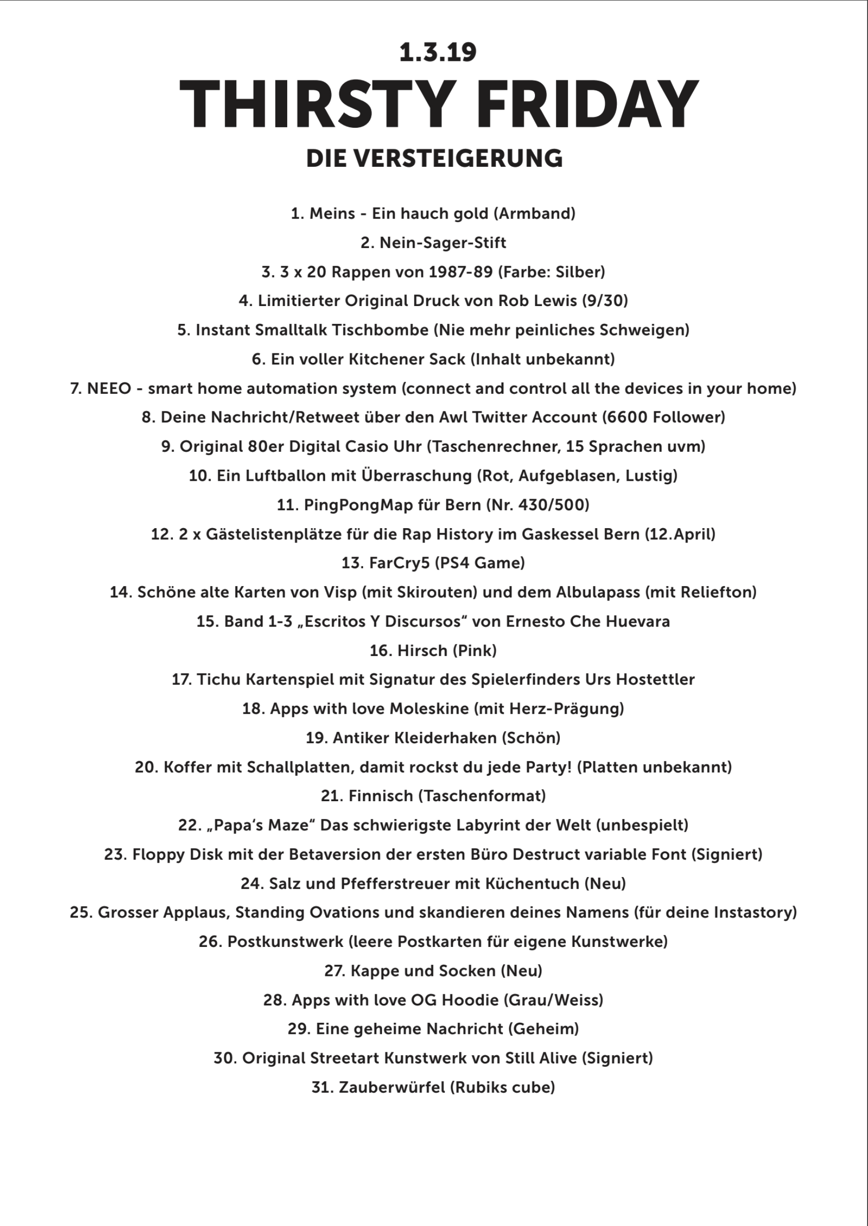 Liste mit Auktionsgüter für den Thirsty Friday