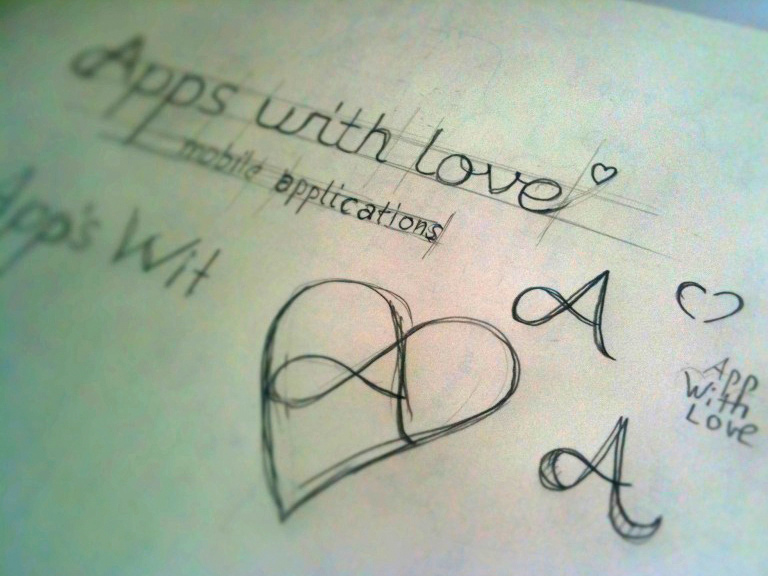 Skizzen des ersten Apps with love Logos