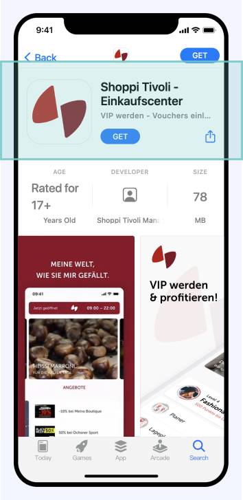 Nom et Sous-titre de la Shoppi Tivoli App dans l'App Store