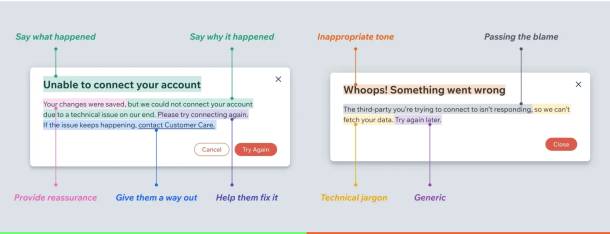 Exemples d'un bon et d'un mauvais message d'erreur avec commentaires
