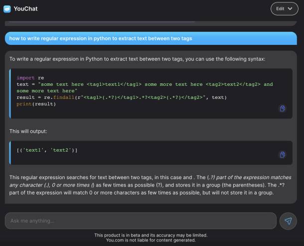 YouChat by you.com writing python code