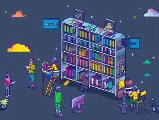 Bookshelf with colourful books and computers, with people standing and sitting in front of it working on computers or tablets