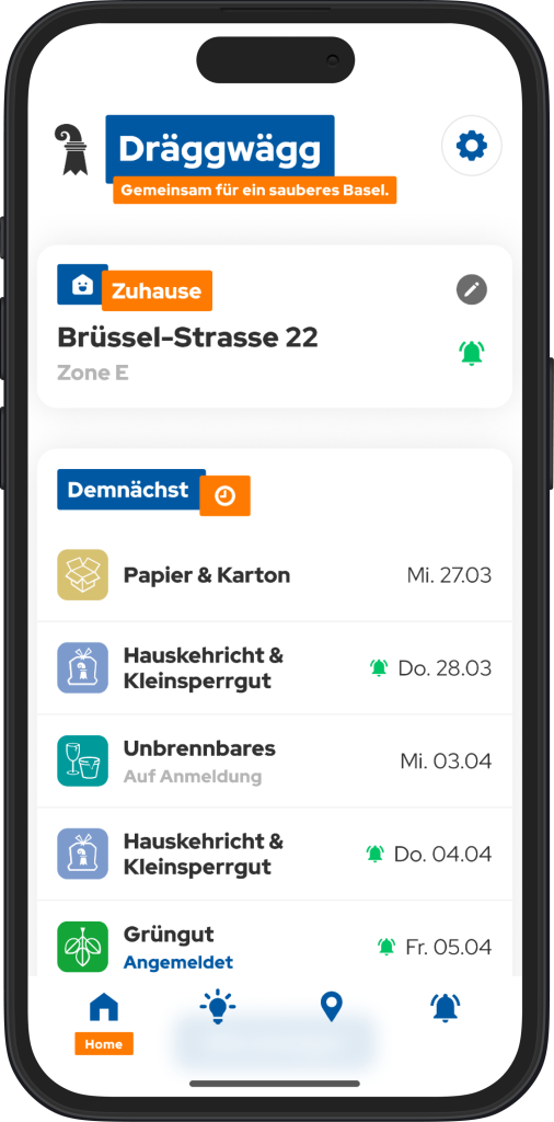 Dräggwägg Homescreen mit den nächsten Abfuhrterminen