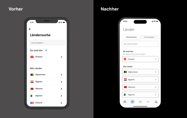 Ländersuche in der Travel Admin App vor und nach dem Redesign