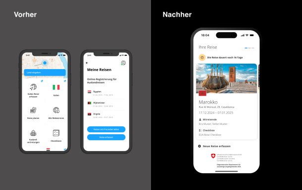 Homescreen und erfasste Reise vor und nach dem Redesign