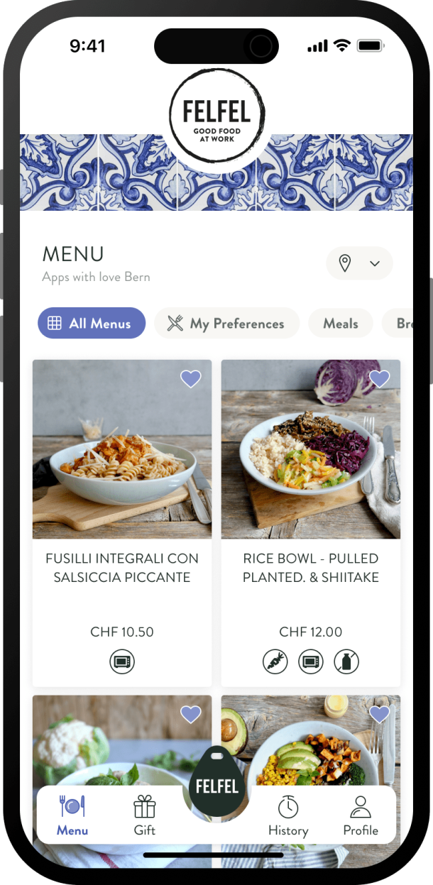 Menüübersicht in der FELFEL App
