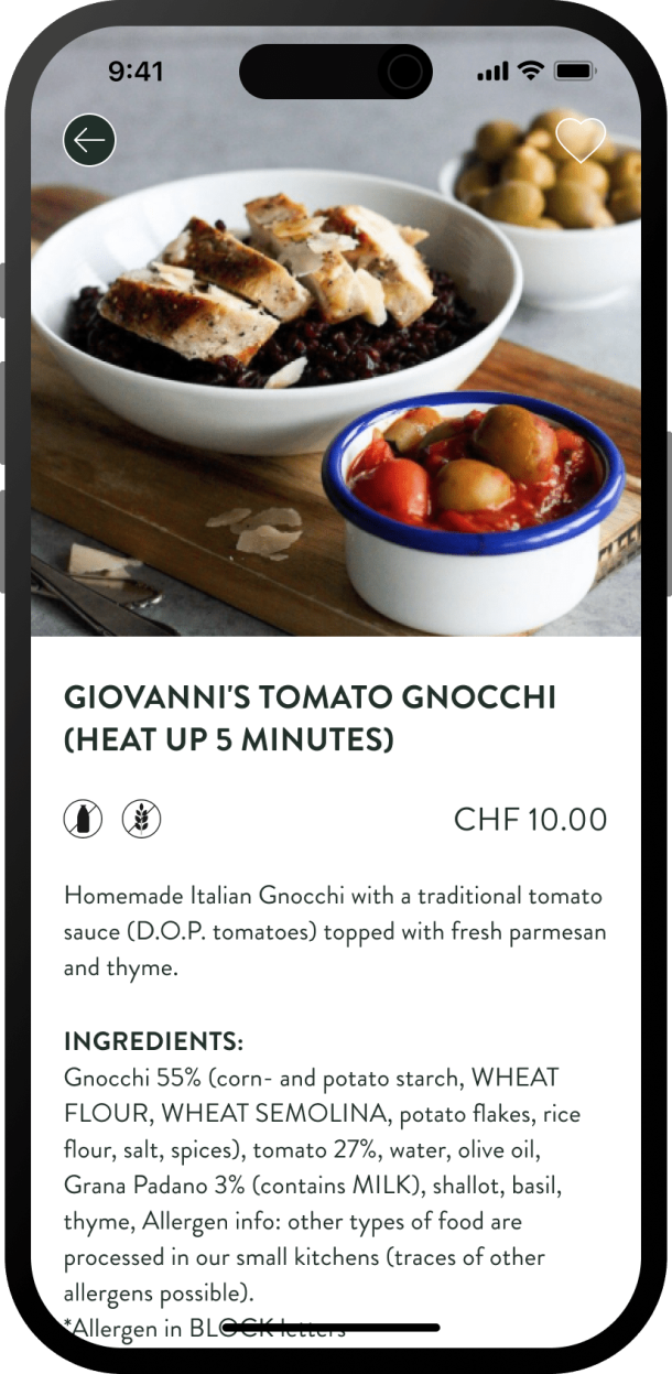 Detailansicht eines Menüs mit Angaben zu Zutaten und Nährwerten