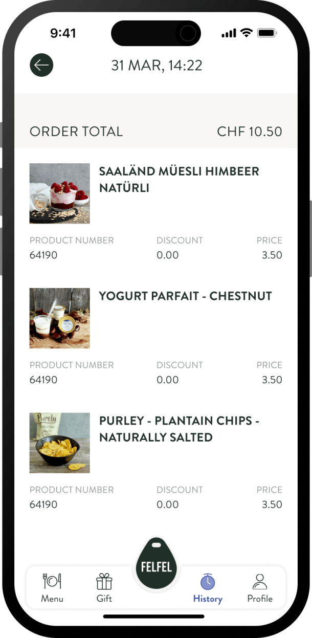 Übersicht über gekaufte Menüs