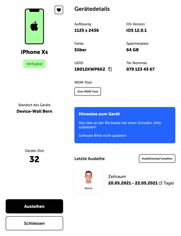 Detail view of a test device