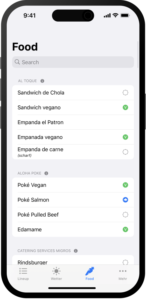Screenshot der Guesche 2023 App: Food Übersicht