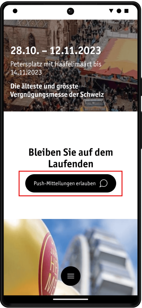 Users can allow push notifications from the autumn fair