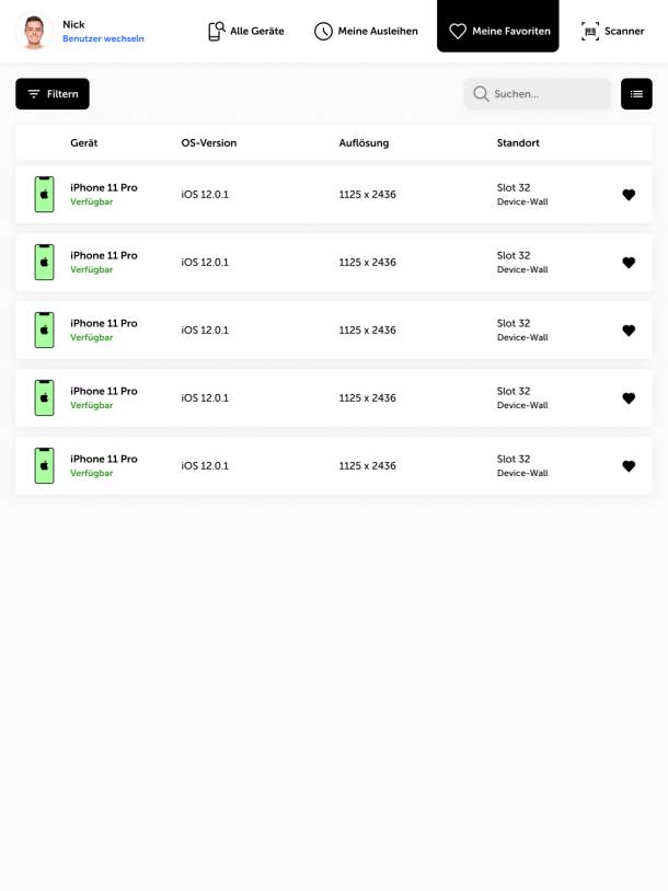 List view of favorite test devices