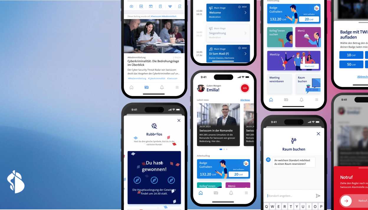 MIA - My Intranet App from Swisscom. Various Screens