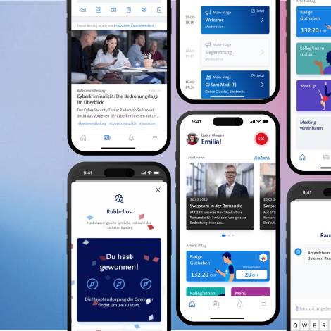 MIA - My Intranet App der Swisscom. Verschiedene Screens