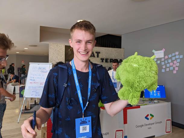 Miggi with an Android stuffed animal