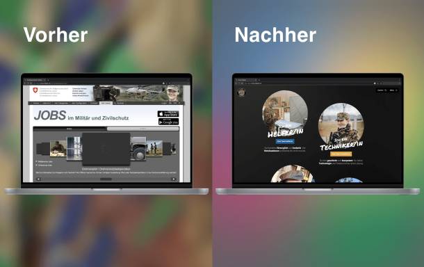 Vue du site web de Miljobs illustrant l'aspect du site avant et après le nouveau développement.