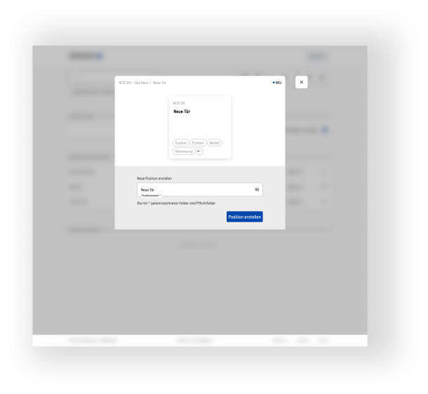 Erstellen einer neuen Position im System Kalkulator