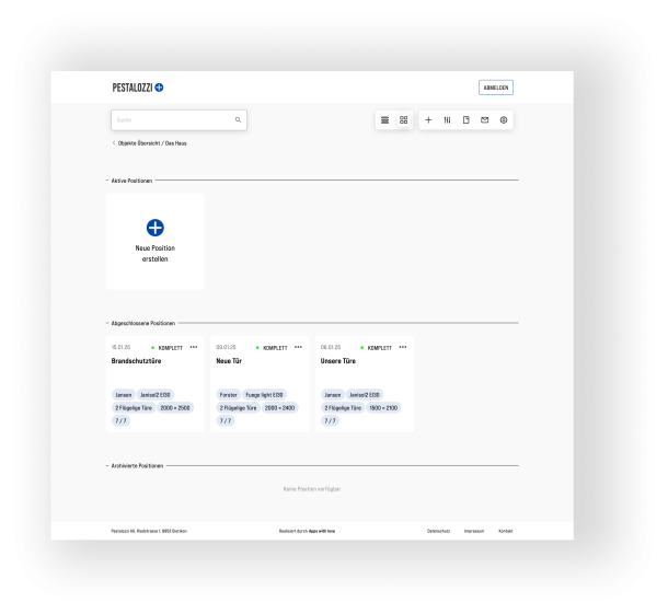 Übersicht der angelegten Positionen im System Kalkulator in Kachelansicht