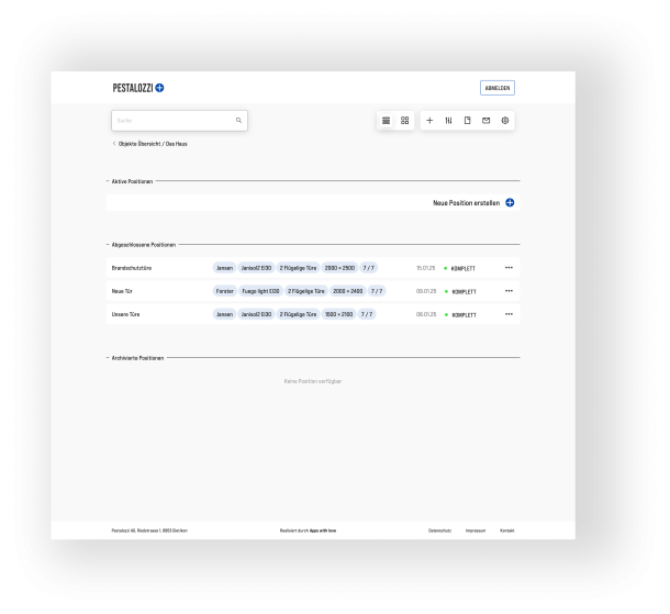 Übersicht der angelegten Positionen im System Kalkulator in Listenansicht