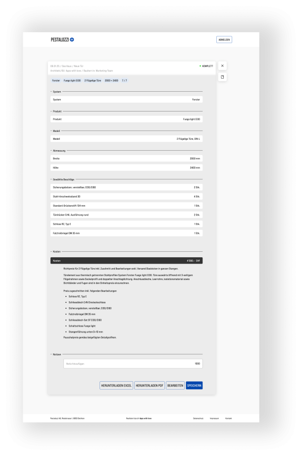 Übersicht und Preiskalkulation der individuell zusammengestellten Brandschutztüre