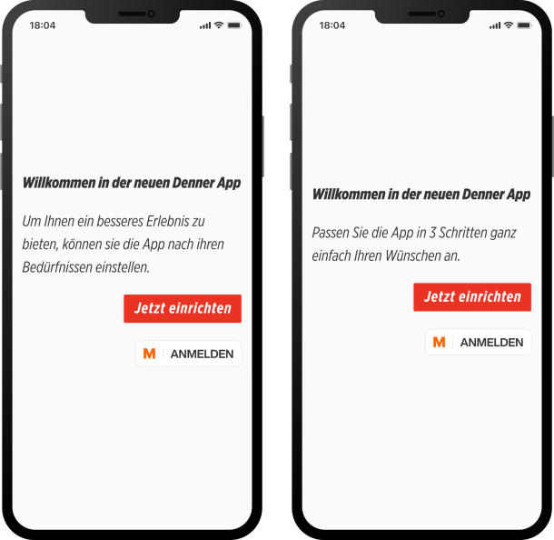 Denner Welcome Screen before and after UX-Writing